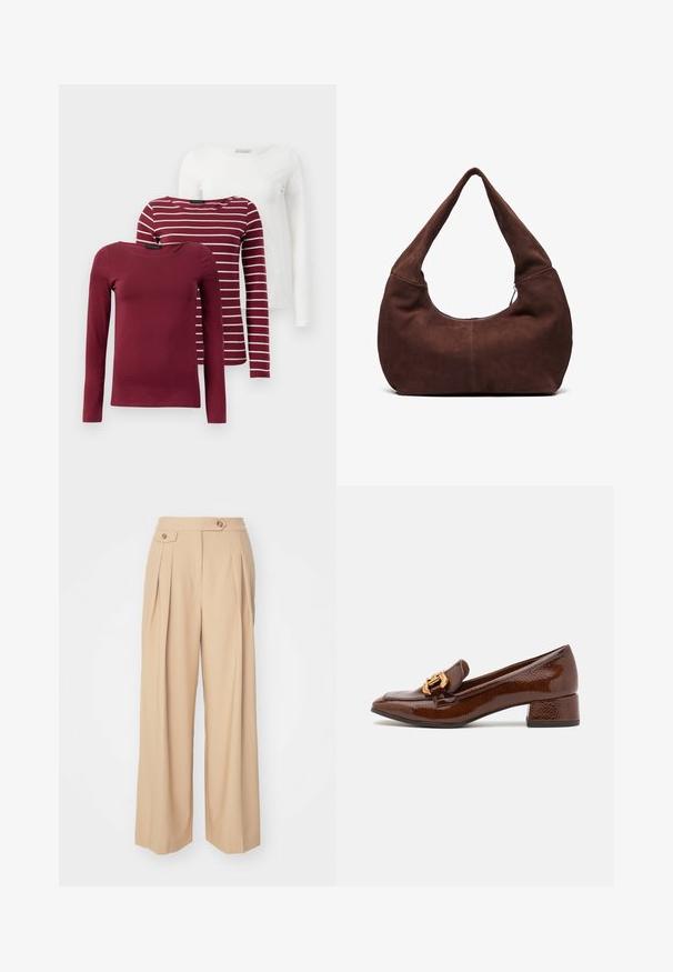Drie longsleeve t-shirts: één effen bordeauxrood, één bordeauxrood met witte strepen, en één effen wit. Ze zijn allemaal gemaakt van zachte, rekbare stof.; Beige wijde broek met twee voorplooien, twee knopen op de tailleband en een gladde, gestructureerde stof. Geen zichtbare zakken.; Bruine leren loafers met een glanzende afwerking, met een decoratieve gouden gesp aan de voorkant en een lage blokhak. Klassiek ontwerp.; Bruin suède hobo tas met een gebogen, brede handgreep en een grote opening. Zachte textuur met zichtbare stiksels langs de randen.