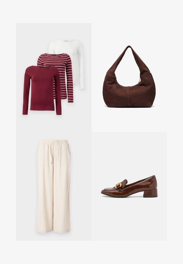 Tři trička s dlouhým rukávem: jedno jednobarevné vinné, jedno vinné s bílými pruhy a jedno jednobarevné bílé. Všechna jsou vyrobena z měkké, pružné látky.; Béžové lněné kalhoty s širokými nohavicemi, elastickým pasem a předními kapsami. Hladká textura, lehký materiál, kratší délka ke kotníkům.; Hnědé kožené mokasíny s lesklým povrchem, se zdobnou zlatou sponou na přední straně a nízkým blokovým podpatkem. Klasický design.; Hnědá semišová hobo taška s zakřiveným, širokým uchem a velkým otvorem. Měkká textura se viditelným prošíváním podél okrajů.