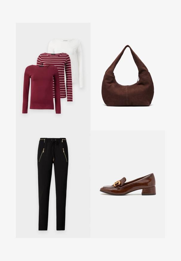 Tre långärmade t-shirts: en i enhetlig vinröd, en vinröd med vita ränder, och en enhetlig vit. Alla är tillverkade av mjukt, stretchigt tyg.; Svarta byxor med elastisk midja och dragsko. Har två framfickor med dragkedja och detaljer i guld. Slät textur.; Bruna läderloafers med en glänsande yta, försedd med en dekorativ guldkoppling på framsidan och en låg blockklack. Klassisk design.; Brun mockaim väskan med ett böjt, brett handtag och en stor öppning. Mjuk textur med synlig sömnadsdetalj längs kanterna.