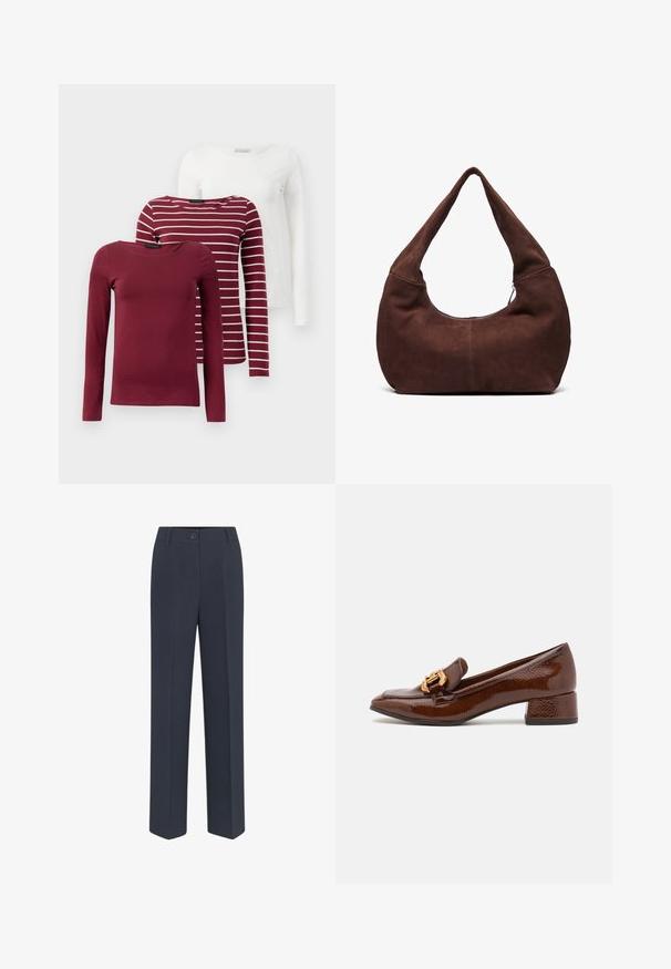 Drie longsleeve t-shirts: één effen bordeauxrood, één bordeauxrood met witte strepen, en één effen wit. Ze zijn allemaal gemaakt van zachte, rekbare stof.; Marineblauwe, op maat gemaakte broek met een rechte pijpdesign, voorzien van een sluiting met een knoop aan de voorkant en subtiele plooidetails. Glad stoftextuur.; Bruine leren loafers met een glanzende afwerking, met een decoratieve gouden gesp aan de voorkant en een lage blokhak. Klassiek ontwerp.; Bruin suède hobo tas met een gebogen, brede handgreep en een grote opening. Zachte textuur met zichtbare stiksels langs de randen.