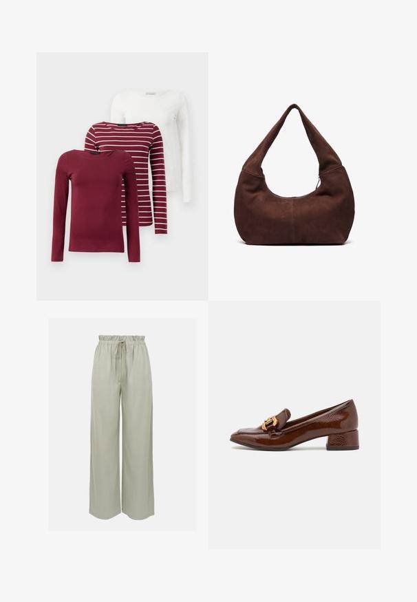 Tri dolgi rokavi: ena enobarvna burgundska, ena burgundska z belimi črtami in ena popolnoma bela. Vse so narejene iz mehkega, raztegljivega materiala.; Svetlo sivi široki hlače iz mehke tkanine. Imajo elastičen pas z vrvico in gladko teksturo. Brez vidnih vzorcev.; Brahkni usnjeni mokasini z sijočo površino, ki imajo dekorativno zlato zaponko spredaj in nizko blok peto. Klasična zasnova.; Rjava semiš torba hobo z ukrivljenim, širokim ročajem in velikim odprtjem. Mehka tekstura z vidnimi šivi ob robovih.