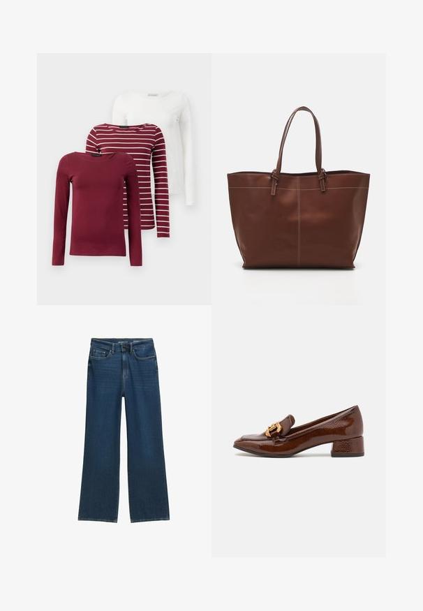 Kolme pitkähihasta T-paitaa: yksi yksivärinen burgundinvärinen, yksi burgundinvärinen valkoisilla raidoilla ja yksi täysin valkoinen. Kaikki on valmistettu pehmeästä, joustavasta kankaasta.; Tummansiniset leveälahkeiset farkut, joissa on viisi taskua, nappisulku ja huomaamattomat ompeluyksityiskohdat saumoissa.; Ruske nahkasaapad läikiva viimistlusega, millel on ees dekoratiivne kuldne klamber ja madal plokkkonts. Klassikaline disain.; Ruskea nahkainen olkitasku, jossa on kaksinkertaiset kahvat, erottuva ommel ja tilava muotoilu, sopii jokapäiväiseen käyttöön.