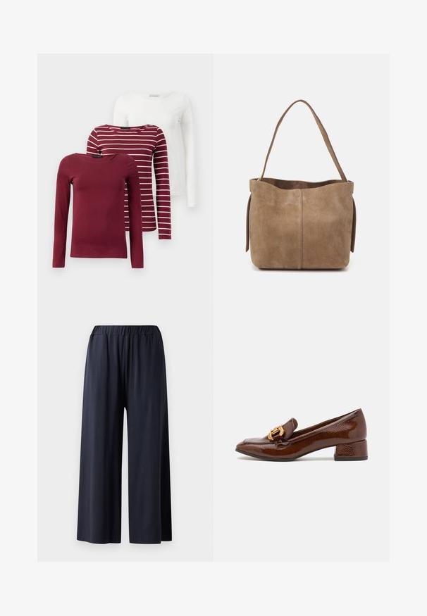 Tre långärmade t-shirts: en i enhetlig vinröd, en vinröd med vita ränder, och en enhetlig vit. Alla är tillverkade av mjukt, stretchigt tyg.; Vidbenade byxor i mörkblått tyg med elastisk midja, med en slät textur och hel längd.; Bruna läderloafers med en glänsande yta, försedd med en dekorativ guldkoppling på framsidan och en låg blockklack. Klassisk design.; Brun mockaskväsk med en mjuk textur, öppen topp och en enda axelrem. Har en slät yta och minimal detaljering.