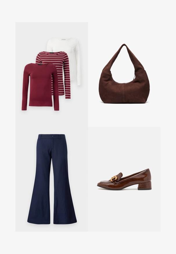 Three long-sleeve t-shirts: one solid burgundy, one burgundy with white stripes, and one solid white. All are made of soft, stretchable fabric.; Navy blue flared pants made of cotton, featuring a button closure, belt loops, and a smooth texture with wide leg openings.; Brown leather loafers with a glossy finish, featuring a decorative gold buckle on the front and a low block heel. Classic design.; Brown suede hobo bag with a curved, wide handle and a large opening. Soft texture with visible stitching detailing along the edges.
