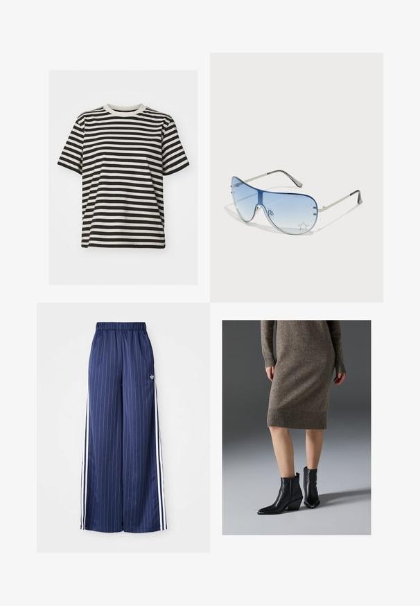 Striped t-shirt made of soft fabric, featuring horizontal black and cream stripes, crew neck, short sleeves, and a relaxed fit.; Navy blue wide-leg pants with vertical white stripes, elastic waistband, and three white stripes along each side, made from a lightweight material.; Black leather ankle boots with a pointed toe, a chunky heel, and zigzag stitching details, paired with a ribbed, brown knit dress.; Aviator sunglasses featuring a gradient blue lens, silver metal frame, and decorative star accents on the lens. Smooth and sleek design.