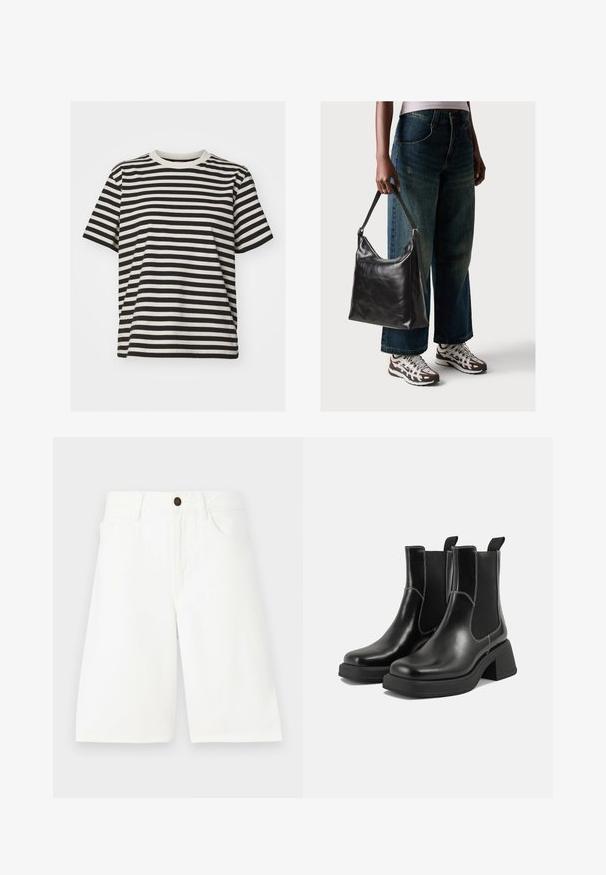 Juostuota marškinėliai, pagaminti iš minkštos medžiagos, su horizontaliomis juodomis ir grietinėlės spalvos juostelėmis, apvaliu kaklu, trumparankoviu ir laisvu siluetu.; Balti džinsiniai šortai su tiesiomis kirpimais, penkių kišenių dizainu, priekyje su mygtuko užsegimu ir subtiliais siuvinėjimo akcentais. Lygus paviršius.; Juodos odinės Chelsea botai su storiu kulnu, elastinėmis šoninėmis panelėmis ir kontrastinga balta siūle. Tekstūruota apdaila.; Juodas odinis peties krepšys su lygiu paviršiumi ir reguliuojama dirželiu, derinamas su nublukusiais plačiapurčiais džinsais ir sportiniais batais.