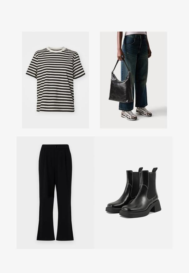 Svītraina T-kreklu, izgatavots no mīksta auduma, ar horizontālām melnām un krēmkrāsas svītrām, apaļu kakla izgriezumu, īsām piedurknēm un brīvu piegriezumu.; Melnas bikses ar gludu tekstūru, izplestiem galiem un jostu ar pogu aizdari. Mazgājamas veļas mašīnā, izstrādātas ērtībai un daudzfunkcionalitātei.; Melni ādas Čelsijas zābaki ar masīvu papēdi, elastīgām sānu panelēm un kontrastējošu balto šuvumu. Teksturēts apdare.; Melna ādas pleca soma ar gludu tekstūru un regulējamu siksnu, saskaņota ar izbalējušām platām biksēm un sportiskām kedām.