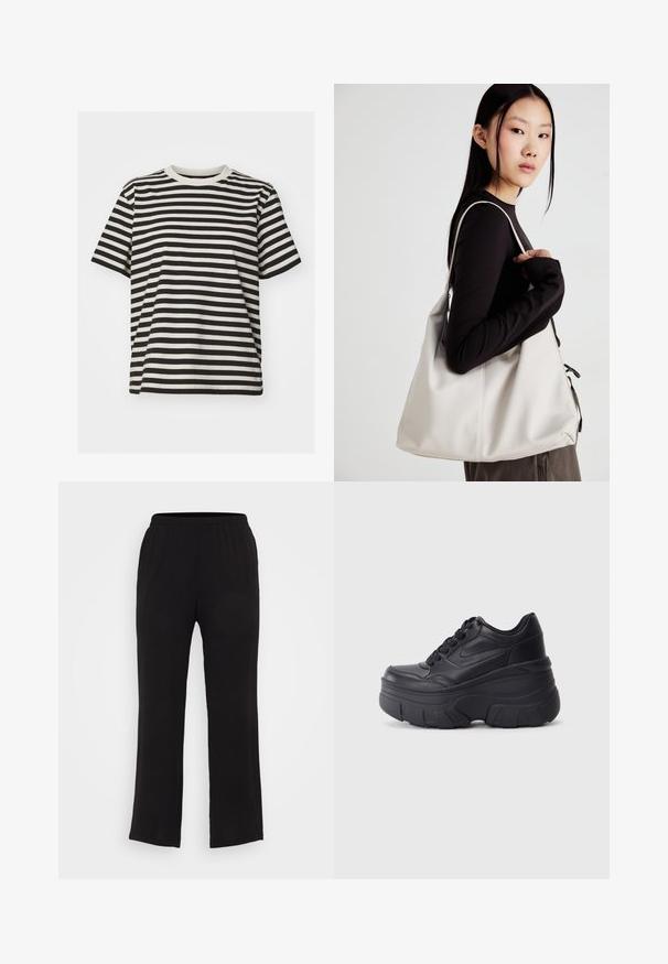Striped t-shirt made of soft fabric, featuring horizontal black and cream stripes, crew neck, short sleeves, and a relaxed fit.; Black, lightweight, elastic-waist pants with a straight-leg design. Smooth texture, no visible patterns or hardware details.; Black lace-up sneakers with a chunky sole, featuring smooth leather upper, rounded toe, and distinct layered platform design.; Beige handbag made of soft material, featuring a slouchy design, stitched detailing, and two shoulder straps. Suitable for everyday use.