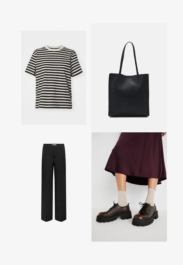 T-shirt rayé en tissu doux, avec des rayures horizontales noires et crème, col ras du cou, manches courtes et coupe décontractée.; ONLY BERRY HW WIDE TLR - Pantalon classique - black; Chaussures en cuir brun à plateforme avec des semelles épaisses noires, associées à des chaussettes beiges côtelées avec des bords festonnés, sur un fond neutre.; Sac fourre-tout en cuir noir avec une texture lisse, de forme rectangulaire et deux longues poignées. Pas de matériel ou d'ornementations visibles.