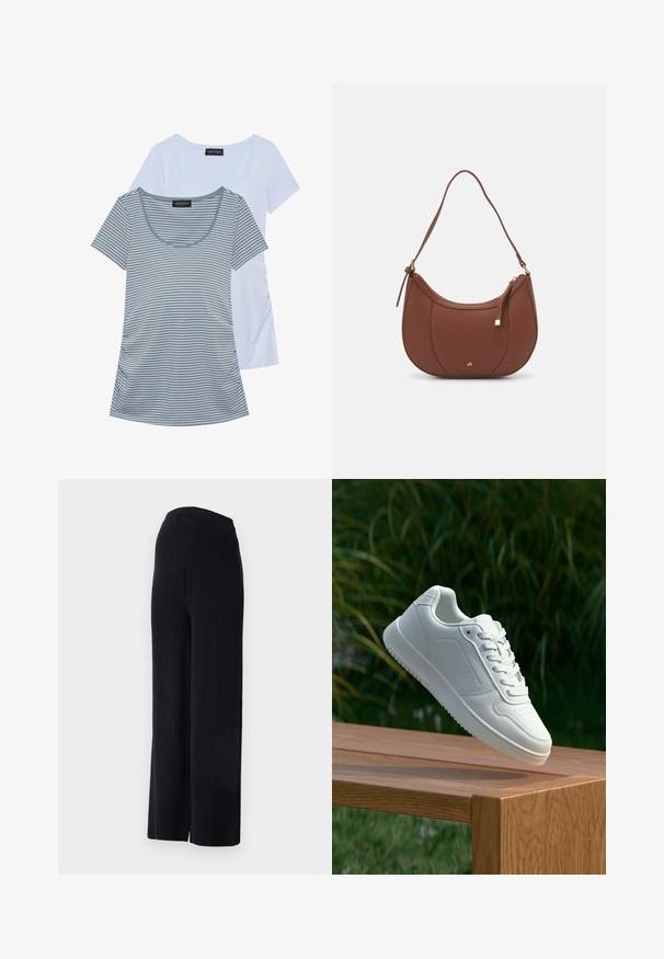 To t-skjorter: en ensfarget lys blå, den andre grå med horisontale striper. Begge har rund halslinning og korte ermer.; Even&Odd Maternity Bukse - black; Hvite sneakers med en glatt syntetisk overdel, perforert tåboks, flate snørebånd og en teksturert såle, vist på en treflate.; Brun kunstlæder skuldertaske med buet form, minimal syning og detaljer i guld-tonet hardware. Har en top lynlås lukning og justerbar rem.