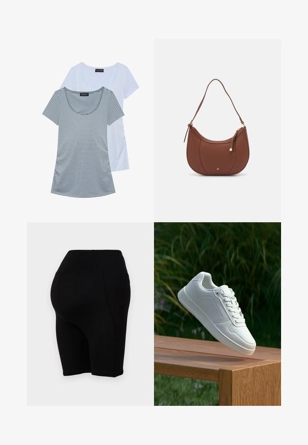 Dvě trička: jedno jednolité světle modré, druhé šedé s horizontálními pruhy. Obě mají kulatý výstřih a krátké rukávy.; Černé cyklistické kraťasy s vysokým pasem, hladkou texturou a přiléhavým střihem, které sahají těsně nad koleno.; Bílé tenisky s hladkým syntetickým svrškem, perforovanou špičkou, plochými tkaničkami a texturovanou podrážkou, vystavené na dřevěném povrchu.; Hnědá kabelka přes rameno z umělé kůže s zakřiveným tvarem, minimálním prošíváním a zlatým kovovým akcentem. Disponuje vrchním zipovým uzavíráním a nastavitelným popruhem.