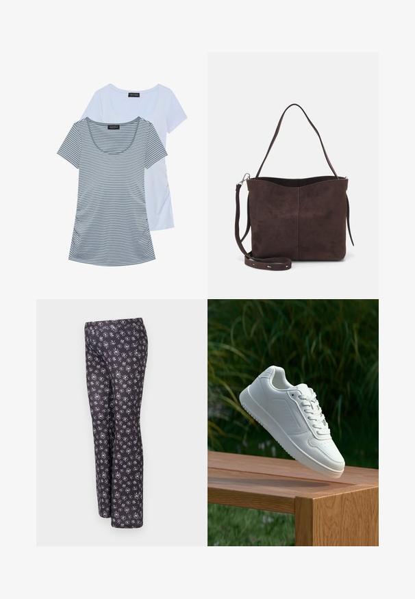 Two t-shirts: one solid light blue, the other gray with horizontal stripes. Both feature a scoop neckline and short sleeves.; Black pants with a floral pattern featuring small white and purple flowers. Made from textured fabric, designed with a straight-leg cut.; White sneaker with a smooth synthetic upper, perforated toe box, flat laces, and a textured sole, displayed on a wooden surface.; Brown suede tote bag with a soft texture, featuring a single shoulder strap and a subtle curved top opening. No visible hardware details.