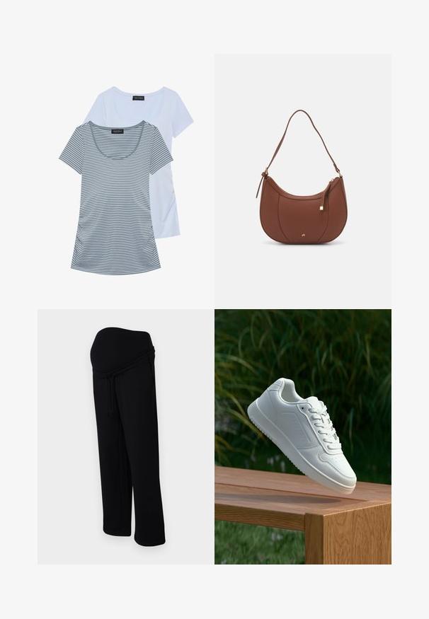 Dve majice: ena enobarvna svetlo modra, druga siva z vodoravnimi črtami. Obe imata okroglo izreznico in kratke rokave.; Črne nosečniške trenirke s prilagodljivim vrvico in raztegljivim, podpornim panelom za trebuh.; Bela teniska s gladkim sintetičnim zgornjim delom, perforiranim prednjim delom, ravnimi vezalkami in teksturiranim podplatom, prikazana na leseni površini.; Rjava usnjena torbica z ramenskim ročajem, ukrivljene oblike, minimalnim šivom in zlato-tonirano kovinsko dekoracijo. Ima zgornje zapiranje na zadrgo in nastavljiv trak.