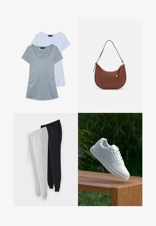 Divas divām t-krekliem: viens viendabīgi gaiši zils, otrs pelēks ar horizontālām svītrām. Abiem ir apaļa kakla izgriezums un īsas piedurknes.; Divi sporta bikses: vienas gaiši pelēkas un otras melnas. Abām ir elastīga josta, sānu kabatas un sašaurināti piedurknes. Kokvilnas maisījuma materiāls.; Baltie sporta apavi ar gludu sintētisku augšpusi, perforētu pirkstu daļu, plakani šņorēm un rakstainu zoli, novietoti uz koka virsmas.; Brūns mākslīgās ādas pleca soma ar izliekta forma, minimāls šuvums un zelta toņa aparatūras akcenti. Aprīkota ar augšējo rāvējslēdzēju un regulējamu siksnu.