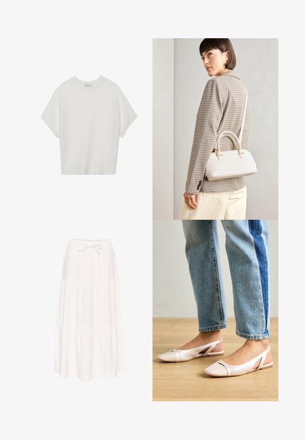 T-shirt blanc à manches courtes avec un large col rond et un motif côtelé texturé, fabriqué en tissu doux, présentant une coupe décontractée et un design épuré.; Jupe maxi blanche à volants fabriquée en tissu léger. Elle dispose d'une taille élastique avec un cordon de serrage à nouer. Texture lisse, design simple.; Ballerines slingback rose pâle avec un bout pointu, fabriquées en un matériau semblable au cuir lisse. Présentent des découpes sur les côtés et un talon plat.; Sac à main structuré blanc avec de courtes poignées et une bandoulière, doté de accents en métal doré et d'un matériau texturé, présenté sur un fond gris.