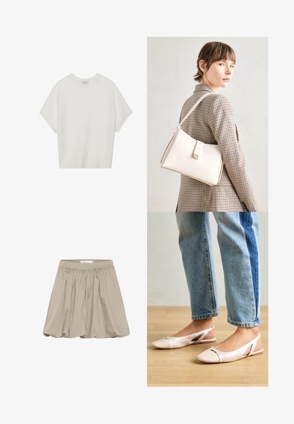 Tricou alb cu mânecă scurtă, cu guler larg și model texturat cu dungi, realizat dintr-un material moale, având o croială lejeră și un design curat.; Fustă bej cu un design plisat și brâu elastic. Realizată dintr-un material ușor, având o formă voluminousă și o textură netedă.; Sandalete plate de un roz pal cu vârf ascuțit, realizate dintr-un material asemănător pielii, neted. Prezintă detalii decupate pe laterale și un toc plat.; Geantă de mână din piele albă cu un design structurat, având o închidere magnetică și un breteau, expusă pe un fundal neutru.