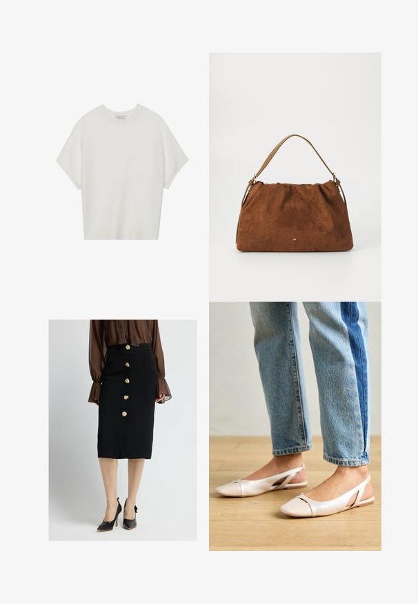 T-shirt blanc à manches courtes avec un large col rond et un motif côtelé texturé, fabriqué en tissu doux, présentant une coupe décontractée et un design épuré.; Jupe crayon noire avec une fente latérale, ornée de six boutons floraux dorés et dotée de poches avant ; associée à des chaussures à talons hauts noires.; Ballerines slingback rose pâle avec un bout pointu, fabriquées en un matériau semblable au cuir lisse. Présentent des découpes sur les côtés et un talon plat.; Sac à main en daim marron avec un design plissé, arborant une seule sangle en cuir beige et un discret logo doré à l'avant.