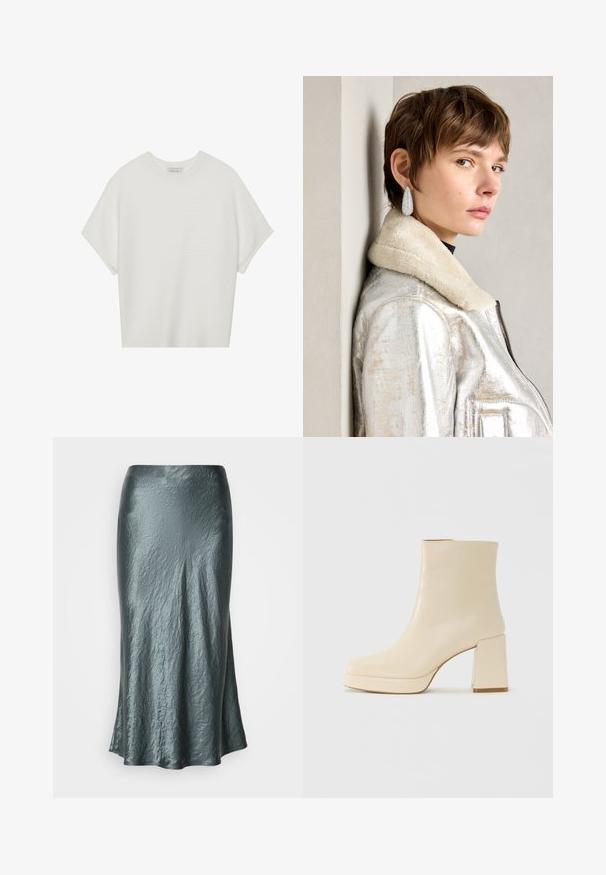 Camiseta blanca de manga corta con cuello redondo amplio y patrón acanalado texturizado, hecha de una tela suave, con un corte relajado y un diseño limpio.; Falda midi metálica en teal con textura arrugada, con forma acampanada y acabado suave. Sin cierres ni adornos visibles.; Botín de cuero beige hasta el tobillo con tacón bloque y suela de plataforma, de acabado liso y puntera ligeramente cuadrada, mirando a la izquierda sobre fondo blanco.; Chaqueta de cuero metálico plateada con cuello de borreguillo, que presenta un cierre de cremallera y superficie texturizada. Pendientes grandes en forma de gota con piedras preciosas claras.