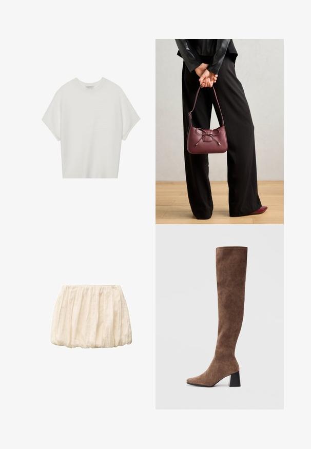 T-shirt bianca a maniche corte con scollo rotondo ampio e texture a coste, realizzata in tessuto morbido, caratterizzata da una vestibilità rilassata e un design pulito.; Gonna corta avorio realizzata in tessuto leggero e testurizzato, con design arricciato e cintura elastica. Casual e versatile per diverse combinazioni di outfit.; Stivali marroni sopra il ginocchio in morbido camoscio, con punta affusolata e tacco grosso nero. Il design presenta cuciture senza soluzione di continuità per un aspetto elegante.; Borsa in pelle bordeaux con dettaglio a fiocco, dotata di una tracolla sottile e hardware dorato, tenuta da una persona che indossa pantaloni neri.