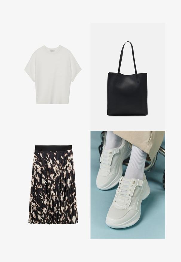 Bijela majica kratkih rukava s širokim okruglim izrezom i teksturiranim rebrastim uzorkom, izrađena od mekog materijala, s opuštenim krojem i čistim dizajnom.; Plisirana suknja s širokim crnim pojasom; uzorkovana u nijansama crne, krem i smeđe; glatka tekstura s lepršavim dizajnom.; Bijele tenisice s mrežastim materijalom, gumeni potplat, dizajn bez vezica s elastičnim trakama i zlatnim detaljima.; Crna kožna torba za nošenje s glatkom teksturom, pravokutnim oblikom i dvije duge ručke. Nema vidljivih metalnih dijelova ili ukrasa.