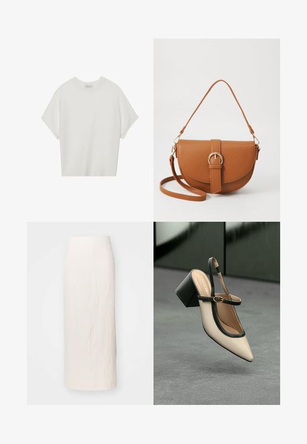 White short-sleeve t-shirt with a wide crew neck and textured ribbed pattern, made of soft fabric, featuring a relaxed fit and a clean design.; Cream-colored linen skirt with a straight silhouette, knee-length. Features a clean waistband and subtle texture. No visible hardware or accents.; Beige pointed-toe slingback shoe with black trim, gold buckle, and a chunky block heel on gray floor with dark green background.; Brown leather crossbody bag with a curved shape, gold hardware, and a buckle accent. Features a detachable shoulder strap.