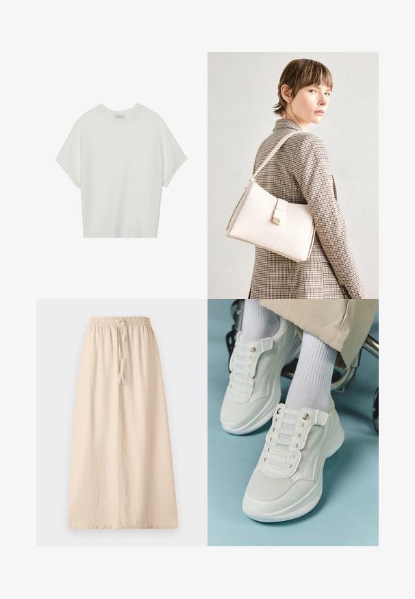 Fehér, rövid ujjú póló széles kerek nyakkivágással és textúrázott, bordás mintával, puha anyagból készült, laza fazonú és letisztult dizájnú.; Beige, bokáig érő szoknya könnyű anyagból, elasztikus derékkal és állítható húzózárral. Relaxált, egyenes szabású.; Fehér sportcipők, amelyek hálós anyagból készültek, gumitalpúak, fűző nélküli kialakítással, rugalmas pántokkal és arany színű kiegészítőkkel rendelkeznek.; Fehér bőr táska strukturált dizájnnal, mágneses záródással és vállpánttal, semleges háttér előtt bemutatva.