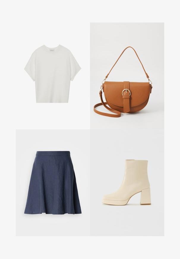Camiseta blanca de manga corta con cuello redondo amplio y patrón acanalado texturizado, hecha de una tela suave, con un corte relajado y un diseño limpio.; Falda de lino azul marino con diseño acampanado, textura ligera, corte a media altura y detalles cosidos a lo largo de las costuras.; Botín de cuero beige hasta el tobillo con tacón bloque y suela de plataforma, de acabado liso y puntera ligeramente cuadrada, mirando a la izquierda sobre fondo blanco.; Bolso bandolera de cuero marrón con forma curvada, herrajes dorados y un acento de hebilla. Incluye una correa de hombro desmontable.