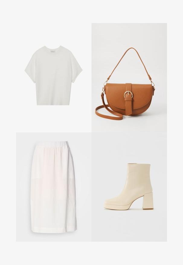 T-shirt bianca a maniche corte con scollo rotondo ampio e texture a coste, realizzata in tessuto morbido, caratterizzata da una vestibilità rilassata e un design pulito.; Gonna beige chiaro realizzata in tessuto morbido, con vita elastica e silhouette dritta. Texture liscia senza motivi visibili.; Stivaletti beige in pelle con tacco a blocco e suola platform, finitura liscia e punta leggermente quadrata, rivolti a sinistra su sfondo bianco.; Borsa a tracolla in pelle marrone con forma curvata, hardware dorato e un dettaglio con fibbia. Presenta una tracolla rimovibile.