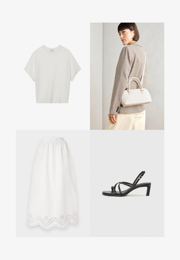 Bela majica s kratkimi rokavi in širokim ovratnikom ter teksturiranim rebrastim vzorcem, izdelana iz mehke tkanine, z udobnim krojem in čistim dizajnom.; Bela lanena krila z elastiko v pasu, s čipkastim robom okrašena z vezenimi cvetličnimi in listnimi vzorci.; Črne natikače s trakovi in kvadratnim prstom ter nizkim blokastim peto. Imajo več tankih trakov in nastavljiv trak okoli gležnja. Narejene so iz gladkega usnja.; Bela strukturirana torba z kratkimi ročaji in naramnim trakom, z zlatimi okrasnimi elementi in teksturiranim materialom, prikazana na sivi podlagi.