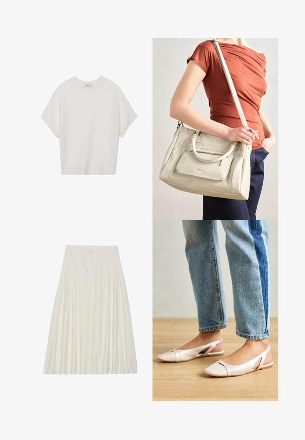 T-shirt blanc à manches courtes avec un large col rond et un motif côtelé texturé, fabriqué en tissu doux, présentant une coupe décontractée et un design épuré.; Jupe blanche arrivant au genou, fabriquée en tissu léger, avec des plis, une ceinture avec une fermeture à bouton et des poches latérales.; Ballerines slingback rose pâle avec un bout pointu, fabriquées en un matériau semblable au cuir lisse. Présentent des découpes sur les côtés et un talon plat.; Sac à main en cuir blanc avec des poignées doubles et une bandoulière amovible, doté d'une poche zippée à l'avant et d'une texture lisse. Porté au bras d'une personne.