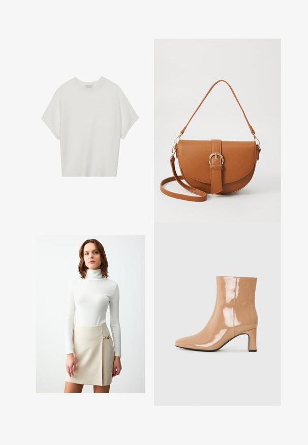 T-shirt bianca a maniche corte con scollo rotondo ampio e texture a coste, realizzata in tessuto morbido, caratterizzata da una vestibilità rilassata e un design pulito.; Maglione aderente bianco a coste con colletto alto e maniche lunghe abbinato a una gonna avvolgente beige con un dettaglio dorato in vita.; Stivaletti nude in vernice con punta affusolata, finitura lucida e tacco medio a blocco. Texture liscia e silhouette elegante.; Borsa a tracolla in pelle marrone con forma curvata, hardware dorato e un dettaglio con fibbia. Presenta una tracolla rimovibile.