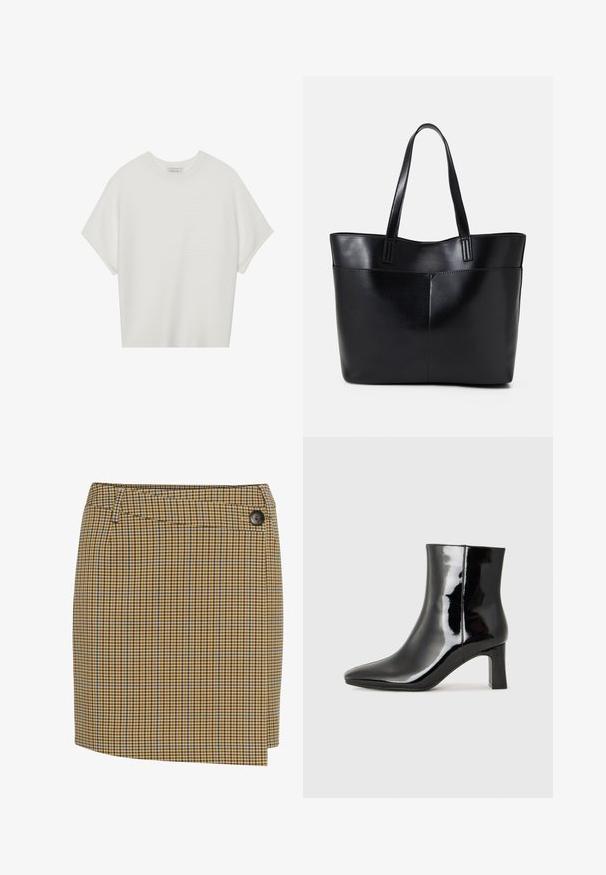 White short-sleeve t-shirt with a wide crew neck and textured ribbed pattern, made of soft fabric, featuring a relaxed fit and a clean design.; Brown and yellow plaid skirt with blue accents. Features a straight cut, side button closure, and smooth textured fabric.; Black patent leather ankle boot with a pointed toe and a mid-height block heel. Smooth texture and minimalist design.; Black leather tote bag with two long handles, a smooth texture, and a structured shape. Features a front pocket for additional storage.