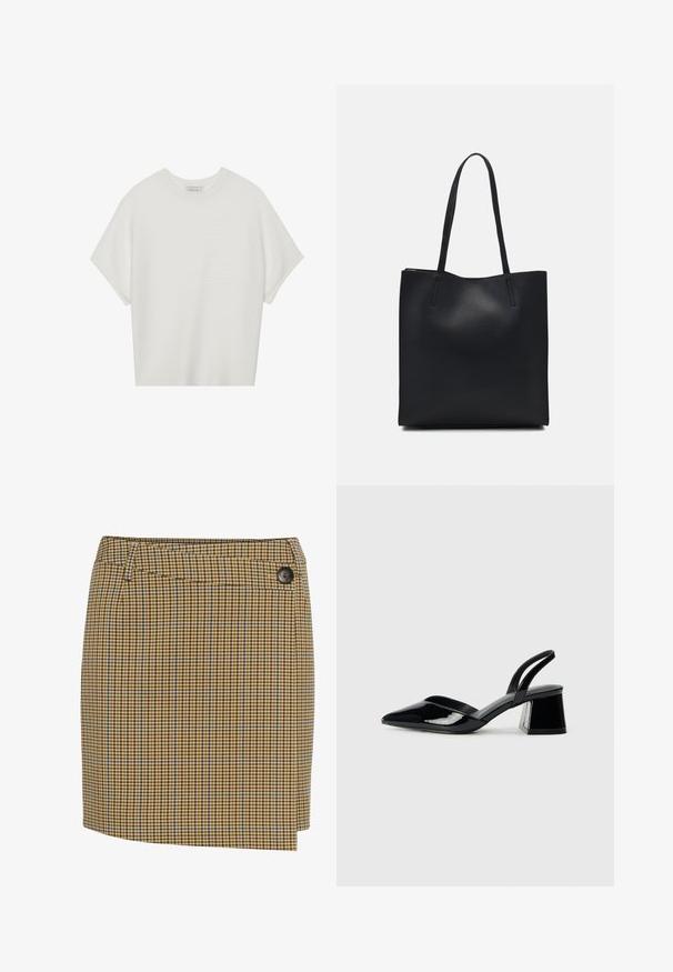 White short-sleeve t-shirt with a wide crew neck and textured ribbed pattern, made of soft fabric, featuring a relaxed fit and a clean design.; Brown and yellow plaid skirt with blue accents. Features a straight cut, side button closure, and smooth textured fabric.; Black patent leather slingback heels with a pointed toe and a geometric block heel. Features a sleek, minimal design and smooth texture.; Black leather tote bag with smooth texture, rectangular shape, and two long handles. No visible hardware or embellishments.