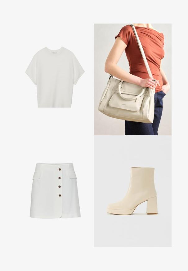 Bela majica s kratkimi rokavi in širokim ovratnikom ter teksturiranim rebrastim vzorcem, izdelana iz mehke tkanine, z udobnim krojem in čistim dizajnom.; Bela krila s šestimi rjavimi gumbi spredaj, dvema stranskima žepoma in rahlo obliko v obliki črke A. Gladek material z minimalno teksturo.; Bež usnjena gležnjarica z blok peto in platformo, gladka površina in rahlo kvadratni prst, obrnjena levo na belem ozadju.; Bela usnjena torba z dvema ročkama in odstranljivo naramnico, ki ima sprednji žep na zadrgo in gladko teksturo. Nositi jo na osebi na roki.