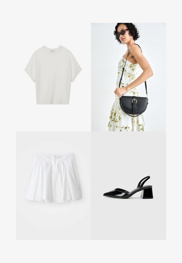 Balta trumpa rankovėmis marškinėliai su plačiu apykakle ir tekstūruotu gumbelių raštu, pagaminti iš minkštos medžiagos, pasižymintys laisvu siluetu ir tvarkingu dizainu.; Balta medvilninė sijonas su platėjančiu dizainu, per priekį užsegamas mygtuku ir su subtiliai susiraukšlėtu liemeniu, suteikiančiu formą.; Juodos lakuotos odinės šlepetės su smailiu pirštu ir geometriniu bloko kulnu. Turi elegantišką, minimalistinį dizainą ir lygų paviršių.; Juodas odinis krepšys su išlenkta forma, nuimamu dirželiu ir auksiniais detalėmis. Krepšys turi kilpą su sagtimi.