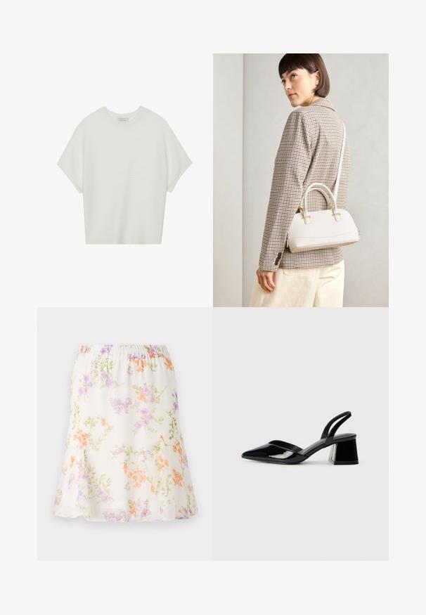 T-shirt blanc à manches courtes avec un large col rond et un motif côtelé texturé, fabriqué en tissu doux, présentant une coupe décontractée et un design épuré.; Jupe florale en tissu léger et transparent ; dotée d'une taille élastique, avec un motif de fleurs orange, violettes et vertes sur un fond crème.; Escarpins en cuir verni noir avec bout pointu et talon bloc géométrique. Présente un design élégant et minimaliste ainsi qu'une texture lisse.; Sac à main structuré blanc avec de courtes poignées et une bandoulière, doté de accents en métal doré et d'un matériau texturé, présenté sur un fond gris.