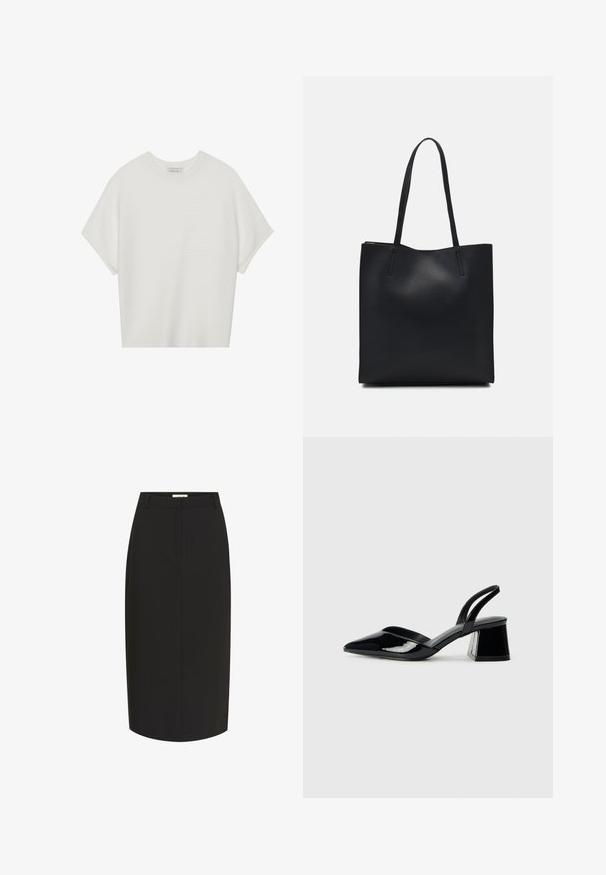 T-shirt bianca a maniche corte con scollo rotondo ampio e texture a coste, realizzata in tessuto morbido, caratterizzata da una vestibilità rilassata e un design pulito.; Gonna a matita nera realizzata in tessuto liscio, caratterizzata da una silhouette aderente, design al ginocchio e tasche frontali a taglio.; Décolleté in vernice nera con punta affusolata e tacco in geometria cubica. Presentano un design elegante e minimalista, con una texture liscia.; Borsa tote in pelle nera con texture liscia, forma rettangolare e due manici lunghi. Nessun hardware o decorazione visibile.