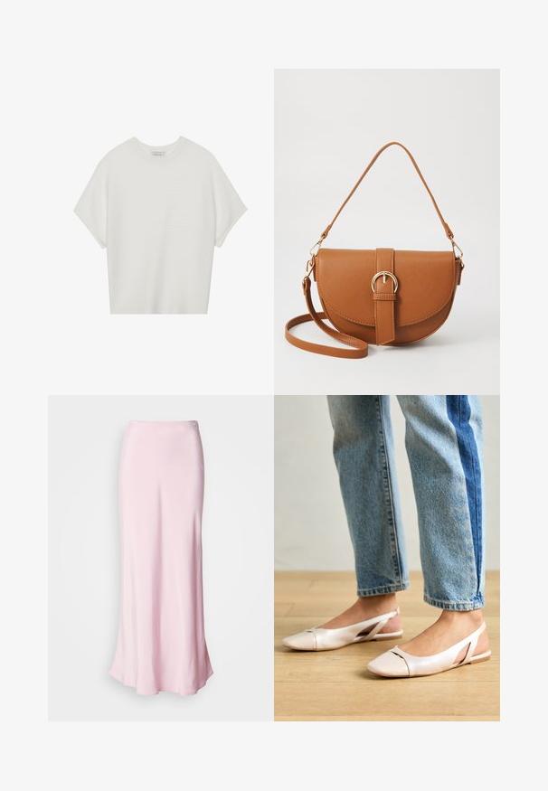 Valge lühikeste varrukatega T-särk laia ümaraha kaelusega ja tekstureeritud ribapatterniga, pehmest kangast, lõdva istuvuse ja puhta disainiga.; Roosa satiinist maxiseelik, millel on sujuv tekstuur, voolav talje ja kerge laiendus allääres, millel on väike dekoratiivne nööbiseade.; Kahvatu roosa slingback lapikute jalatsite paar, millel on terav varvas, valmistatud siledast nahataolisest materjalist. Omab külgedel lõikekohti ja lapikut kontsa.; Pruun nahast õlakott, millel on kumer kuju, kullavärvi riistvara ja pandlaga kaunistus. Omab eemaldatavat õlarihma.