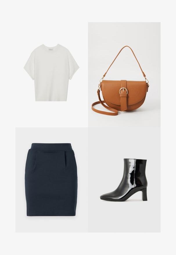 Camiseta branca de mangas curtas com um decote careca largo e um padrão texturizado canelado, feita de tecido suave, com um corte relaxado e um design limpo.; Saia de jérsei elástico azul-marinho com silhueta ajustada, apresentando uma cintura lisa e dois bolsos frontais.; Botim de tornozelo em pele sintética preta com bico apontado e salto bloco de altura média. Textura suave e design minimalista.; Bolsa transversal de couro castanho com um formato curvado, ferragens douradas e um detalhe de fivela. Inclui uma alça de ombro destacável.