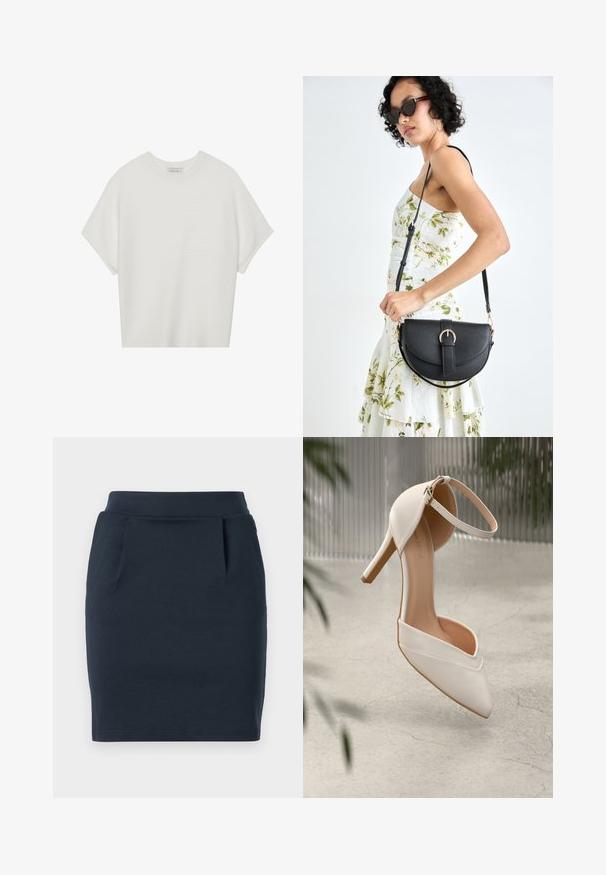 Witte T-shirt met korte mouwen, een brede ronde hals en een gestructureerd ribpatroon, gemaakt van zachte stof. Het shirt heeft een ontspannen pasvorm en een strakke uitstraling.; Marineblauwe stretchjersey rok met een aansluitende snit, voorzien van een gladde tailleband en twee voorzakken.; Witte high heel schoen van soepel materiaal met een puntige neus en enkelbandje. Heeft een lichtbruine binnenkant en goudkleurige hardware accent.; Zwarte leren handtas met een gebogen vorm, afneembare schouderband en gouden hardware. De tas heeft een klep met een gespsluiting.