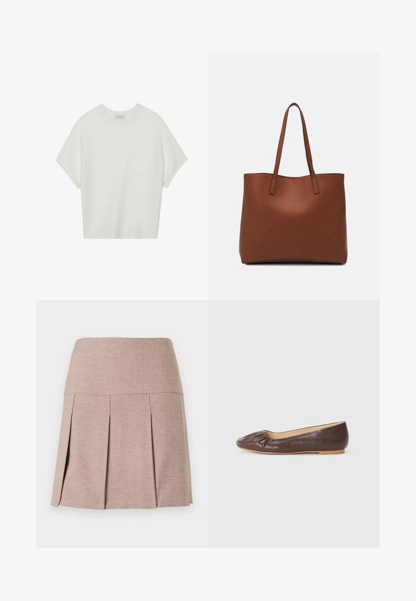 Hvit t-skjorte med korte ermer, bred rund hals og teksturert ribbet mønster, laget av myk stoff, med en avslappet passform og et enkelt design.; Plisse skjørt i et mykt beige stoff med en glatt midje, med et teksturert, lett materiale og en rett søm.; Brune lær balletflad med rund tå, samlet detalj foran og en flad, lys sål.; Brun lær tote veske med en jevn tekstur, åpen toppdesign og to skulderstropper. Har minimal søm og ingen synlige spiker.