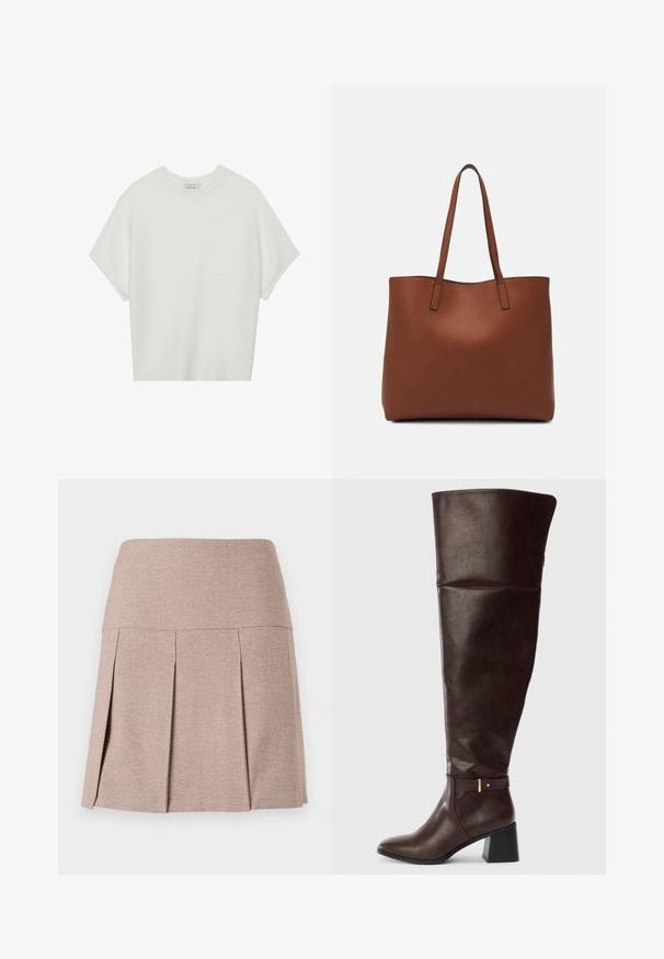 White short-sleeve t-shirt with a wide crew neck and textured ribbed pattern, made of soft fabric, featuring a relaxed fit and a clean design.; Pleated skirt in a soft beige fabric with a smooth waistband, featuring a textured, lightweight material and a straight hem.; Dark brown knee-high leather boot with block heel and decorative strap detail on side, shown against a plain light background.; Brown leather tote bag with a smooth texture, open top design, and two shoulder straps. Features minimal stitching and no visible hardware.