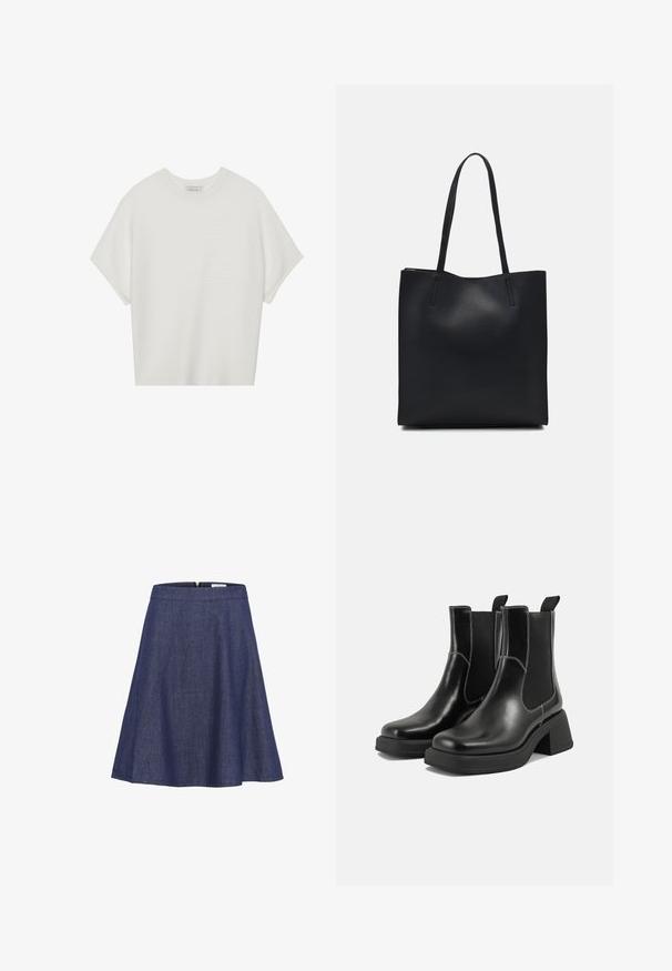 Balta īsā piedurknē T-krekls ar plašu apļa kaklu un teksturētu ribu rakstu, izgatavots no mīksta auduma, ar brīvu piegriezumu un tīru dizainu.; Denim A formas svārki, tumši zili, līdz ceļiem, ar gludu jostu un slēptu rāvējslēdzēju, pārslēgta silueta. Svarīga rakstura tekstūra.; Melni ādas Čelsijas zābaki ar masīvu papēdi, elastīgām sānu panelēm un kontrastējošu balto šuvumu. Teksturēts apdare.; Melnas ādas somiņa ar gludu tekstūru, taisnstūra formu un divām garām rokturiem. Nav redzamu aparatūras vai rotājumu.