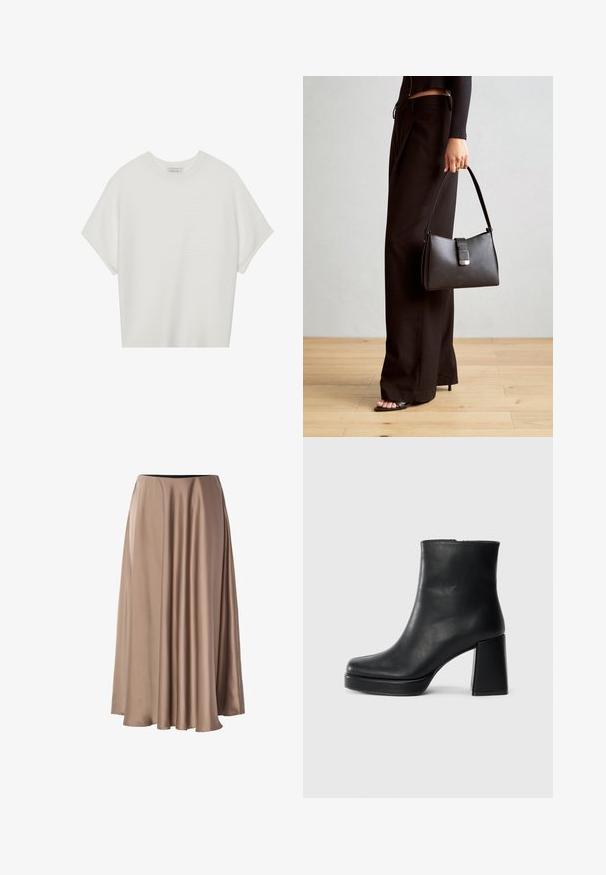 Weißes T-Shirt mit kurzen Ärmeln, weitem Rundhalsausschnitt und strukturiertem Rippenmuster, aus weichem Stoff, mit legerer Passform und einem klaren Design.; Lange A-Linie-Rock aus glattem, glänzendem Stoff in einem hellen Beigeton. Verfügt über einen elastischen Bund und ein fließendes drapiertes Design.; Schwarze Leder-Stiefelette mit Blockabsatz und Plattformsohle, seitlich auf einem schlichten weißen Hintergrund betrachtet.; Schwarze Handtasche mit strukturierter Form, glatter Textur und einem metallischen Verschluss. Kombiniert mit weiten schwarzen Hosen und offenen Sandalen auf einem Holzboden.