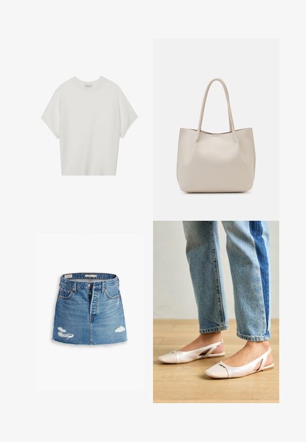 Hvit t-skjorte med korte ermer, bred rund hals og teksturert ribbet mønster, laget av myk stoff, med en avslappet passform og et enkelt design.; Denim mini skjørt i lyseblå. Har frynset kant, to slitte lapper, frontlukning med knapper og fem lommer. Klassisk snitt.; Lys rosa slingback leiligheter med spiss tå, laget av et glatt, læraktig materiale. Har utskjæringer på sidene og lav hæl.; Beige skinnveske med to skulderremmer, glatt tekstur og åpen toppdesign. Har minimalistisk stil uten synlig maskinvare.