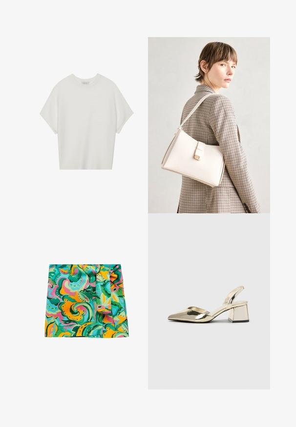Weißes T-Shirt mit kurzen Ärmeln, weitem Rundhalsausschnitt und strukturiertem Rippenmuster, aus weichem Stoff, mit legerer Passform und einem klaren Design.; Farbenfroher Seidenschal in quadratischer Form mit wirbelnden Mustern in Türkis, Grün, Pink und Gelb sowie einer geknoteten Textur auf einer Seite.; Goldene, metallische Slingback-Absätze mit spitzem Zeh und dicker Ferse. Glatte Textur, minimalistisches Design und ein schmaler Riemen.; Weiße Lederhandtasche mit strukturiertem Design, ausgestattet mit einem Magnetverschluss und einem Schulterriemen, präsentiert vor einem neutralen Hintergrund.