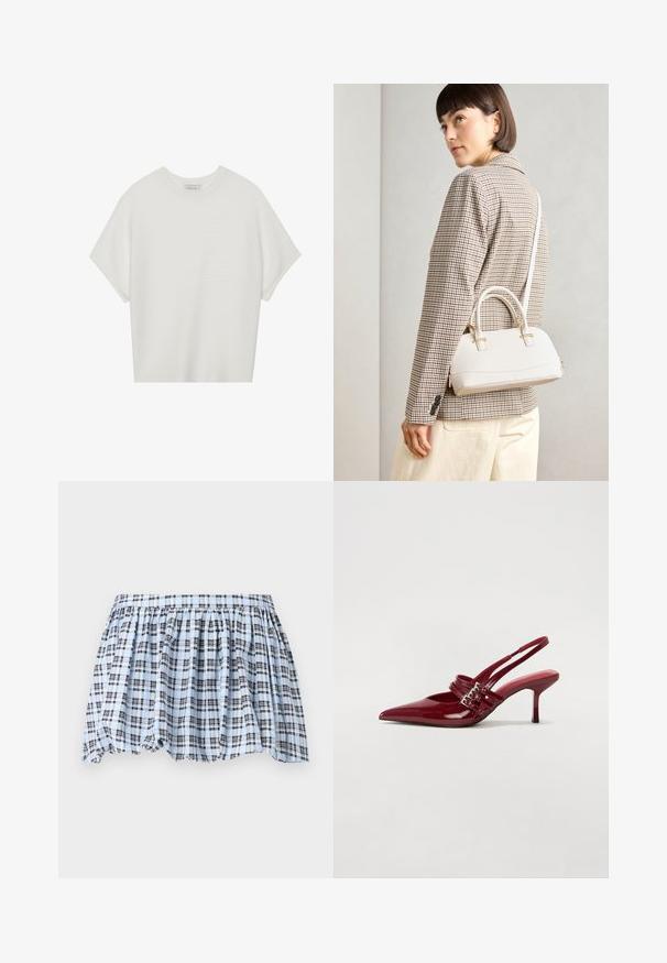 Witte T-shirt met korte mouwen, een brede ronde hals en een gestructureerd ribpatroon, gemaakt van zachte stof. Het shirt heeft een ontspannen pasvorm en een strakke uitstraling.; Blauwe en witte geruite rok met een elastische tailleband en een geplooid ontwerp, met marineblauwe lijnen die een textuurpatroon creëren.; Rode gepatenteerde leren slingbackhakken met een spitse neus, twee gespsluitingen en een slanke, middelhoge stilettohak. Glad textuur.; Witte gestructureerde handtas met korte handvatten en een schouderband, voorzien van gouden hardwareaccenten en een textuurmateriaal, tentoongesteld tegen een grijze achtergrond.