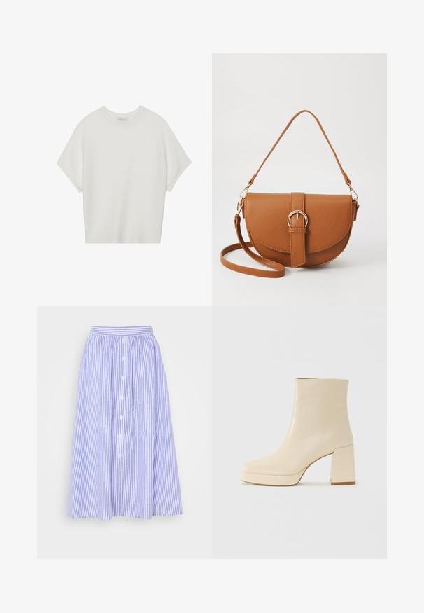Hvid kortærmet t-shirt med en bred rund hals og struktureret ribbet mønster, lavet af blødt stof, med en afslappet pasform og et enkelt design.; Lys blå og hvid stribet nederdel, mellemlang, med en samlet talje, knaplukning foran og subtil tekstur.; Beige læder ankelstøvle med blokhæl og platformssål, glat overflade og let firkantet tå, vender til venstre på hvid baggrund.; Brun læder crossbody taske med en buet form, guldfarvet hardware og en spændeaccent. Har en aftagelig skulderrem.