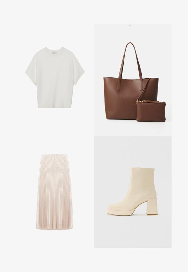 Valkoinen lyhythihainen t-paita, jossa on leveä pyöreä kaula-aukko ja teksturoitu ribbikuvio, valmistettu pehmeästä kankaasta, rento malli ja siisti muotoilu.; Pleated midi-hame vaaleanbeige värissä, valmistettu sileästä kankaasta, jossa on kapeat pystysuorat pleatit ja joustava vyötärö.; Beige nahkasaapas nilkkamallia, jossa on lohkarekorko ja alusta, sileä pinta ja hieman neliömäinen kärki, käänteessä vasemmalle valkoista taustaa vasten.; Ruskea tekonahkainen olkalaukku, jossa on kaksi pitkää kahvaa ja yhteensopiva pieni pussi. Pinnassa on teksturoitu kuvio ja kultaiset yksityiskohdat.