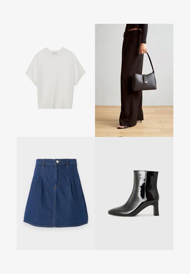 Camiseta branca de mangas curtas com um decote careca largo e um padrão texturizado canelado, feita de tecido suave, com um corte relaxado e um design limpo.; Saia de ganga azul escura, com uma cintura ajustada, design plissado e costuras de cor contrastante. Comprimento acima do joelho e bainha reta.; Botim de tornozelo em pele sintética preta com bico apontado e salto bloco de altura média. Textura suave e design minimalista.; Bolsa preta com forma estruturada, textura suave e um fecho metálico. Combinada com calças largas pretas e sandálias de salto aberto sobre um chão de madeira.
